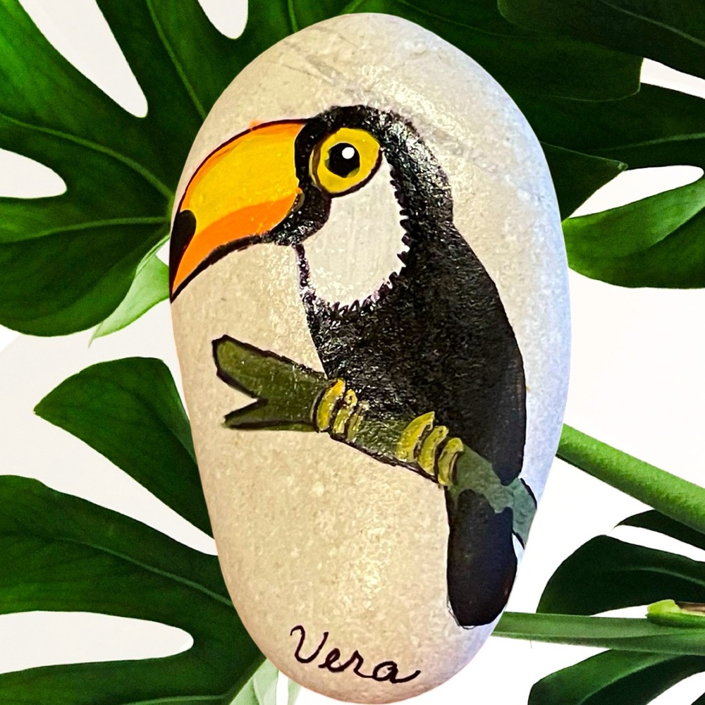 Hand crafted painted toucan bird rock natural white background black yellow
